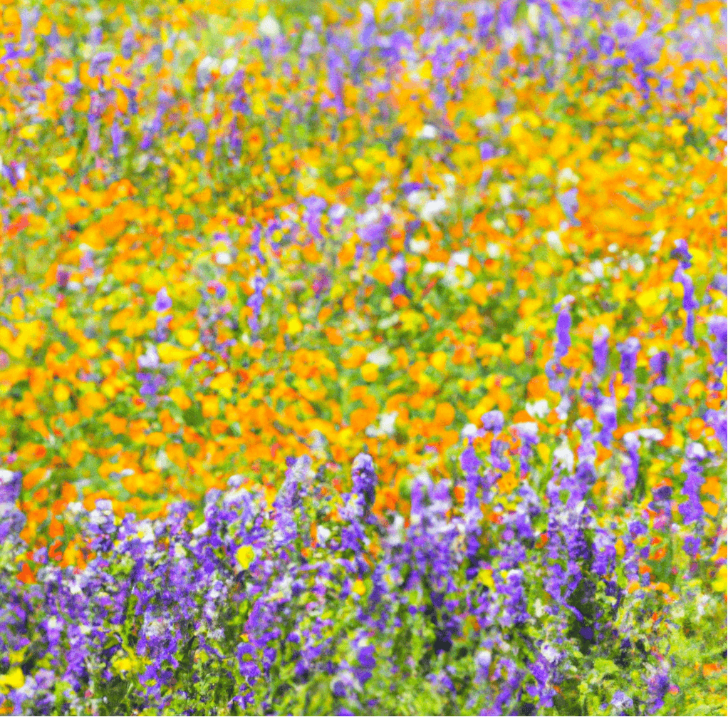 Field of orange, purple, and yellow wildflowers