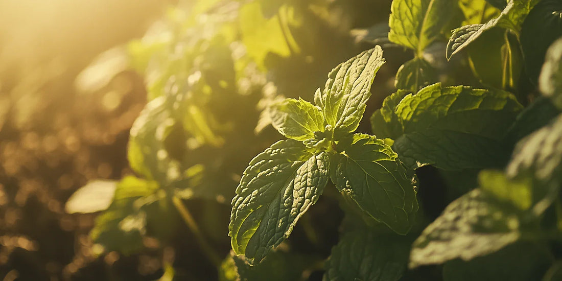 Sunlit mint leaves growing in a garden