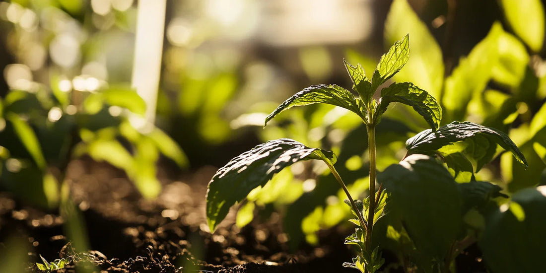 Young mint plant growing in sunlit soil