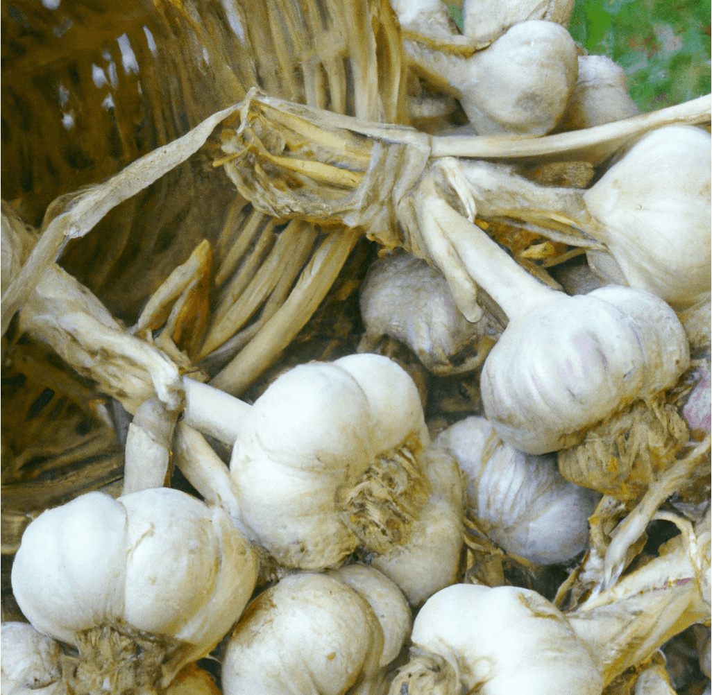 Freshly harvested garlic bulbs in a basket