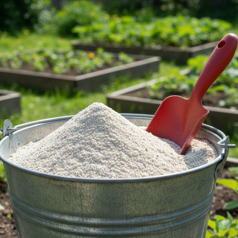 Metal bucket of pale bone meal with a red scoop