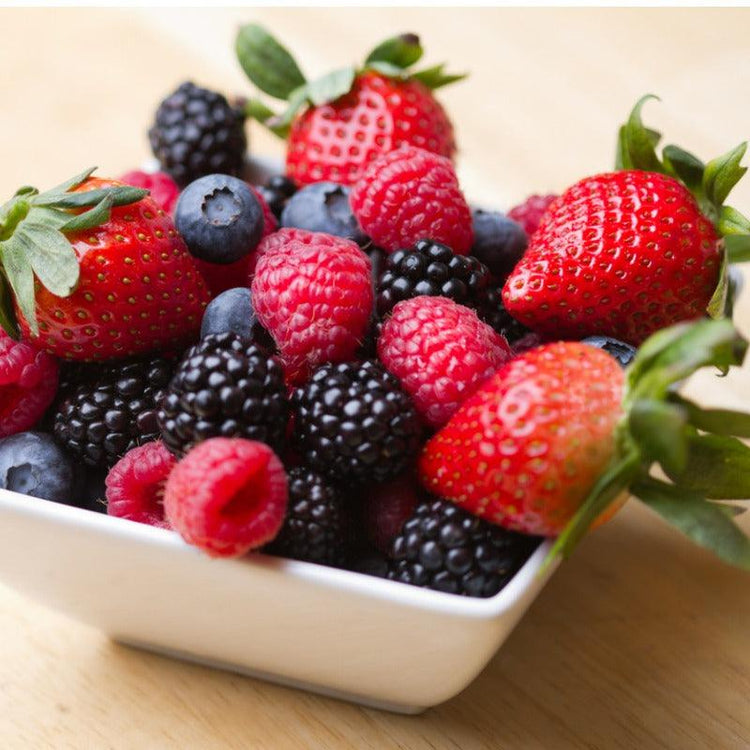 Bowl of strawberries, raspberries, and blackberries