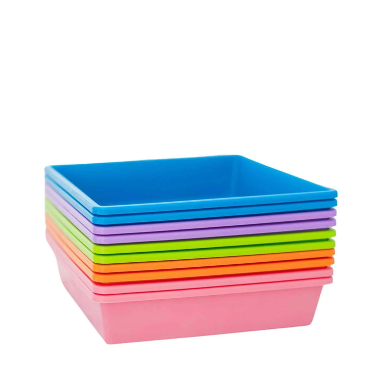 Stack of colorful rectangular seed-starting trays