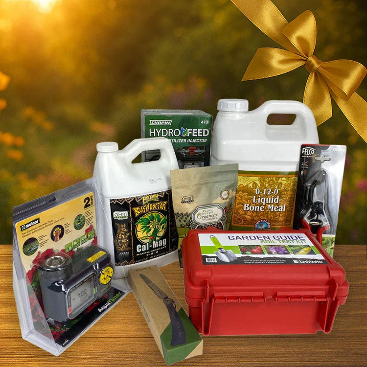 Assorted gardening tools and supplies beside a gold gift bow
