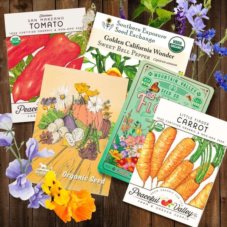 Assorted vegetable and flower seed packets