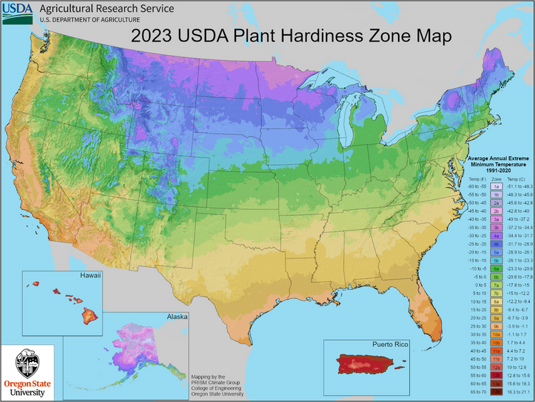 USDA hardiness map for Zones 5 through 7