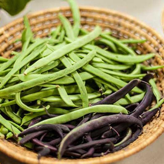 Green and purple beans in a woven basket