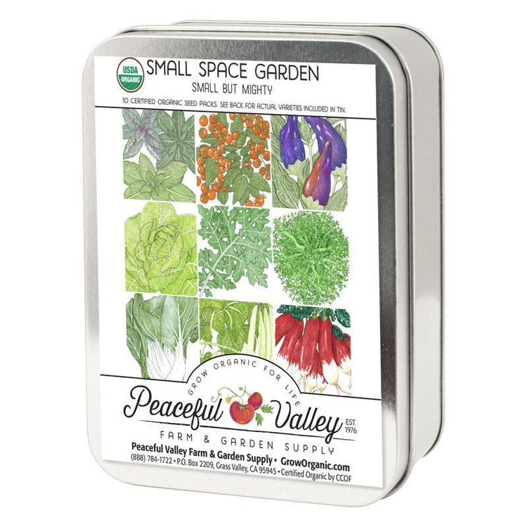 Metal gift seed tin with vegetable illustration
