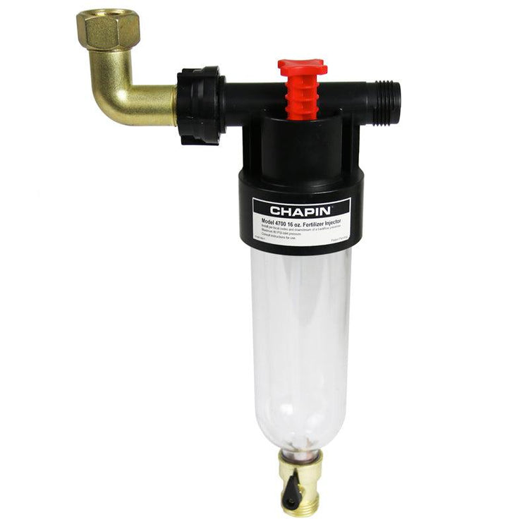 Inline fertilizer injector with a clear reservoir