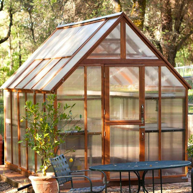 Glass greenhouse surrounded by garden plants