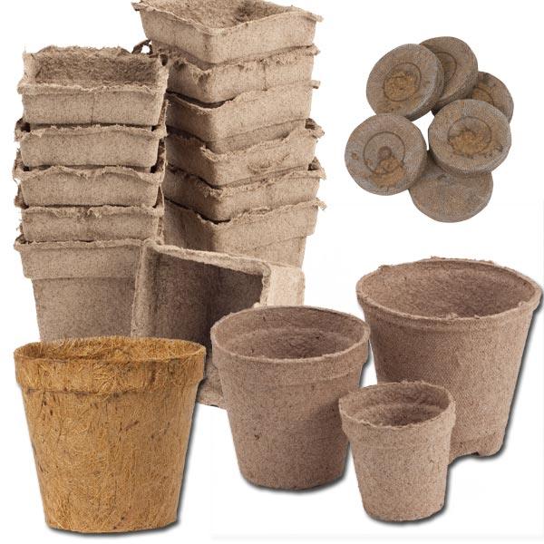Assorted biodegradable seed-starting pots and pellets
