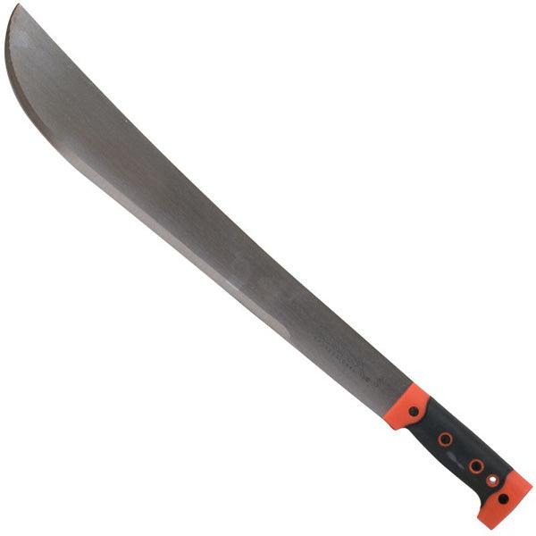 Long black machete with orange handle accents