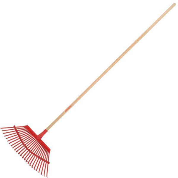 Long-handled red garden rake