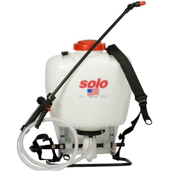 White Solo backpack sprayer with hose and wand