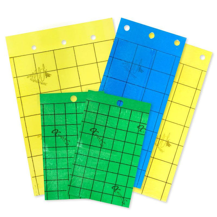Yellow, blue, and green sticky insect traps