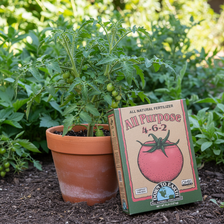 Potted tomato plant beside a box of all-purpose fertilizer