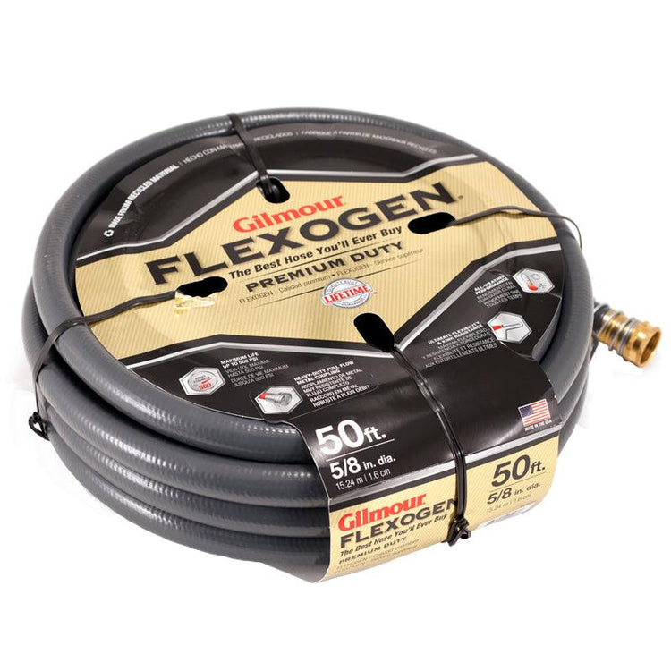 Black Flexogen garden hose on a storage reel