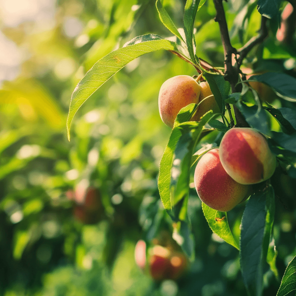 Cluster of red and yellow peaches on a sunlit tree branch