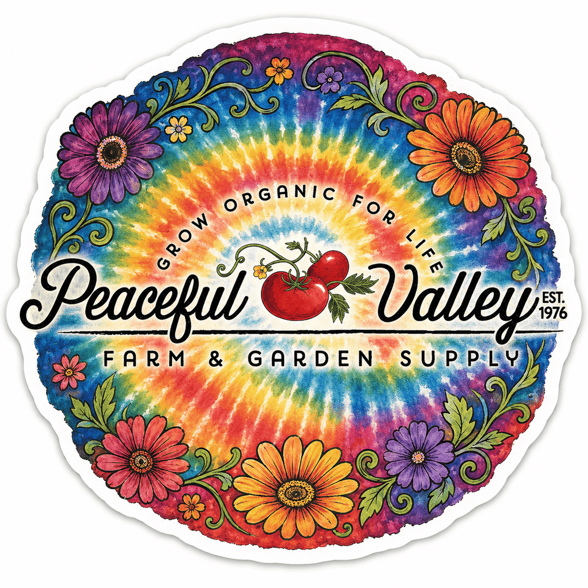 Peaceful Valley 1976 Sticker Tie Dye - Flowers Grow Organic
