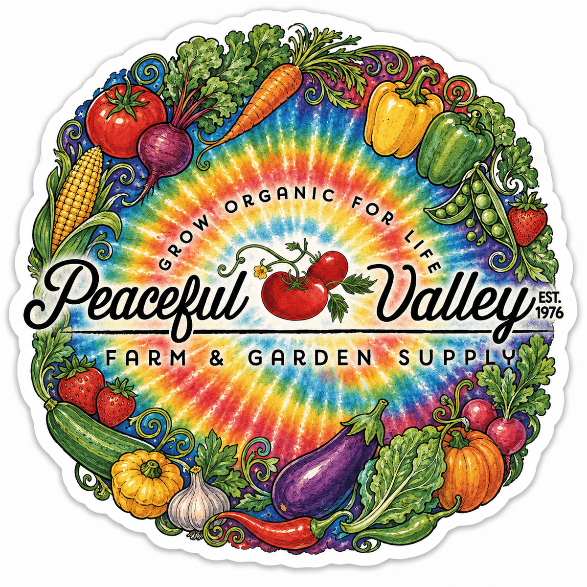 Peaceful Valley 1976 Sticker Tie Dye - Vegetables Grow Organic