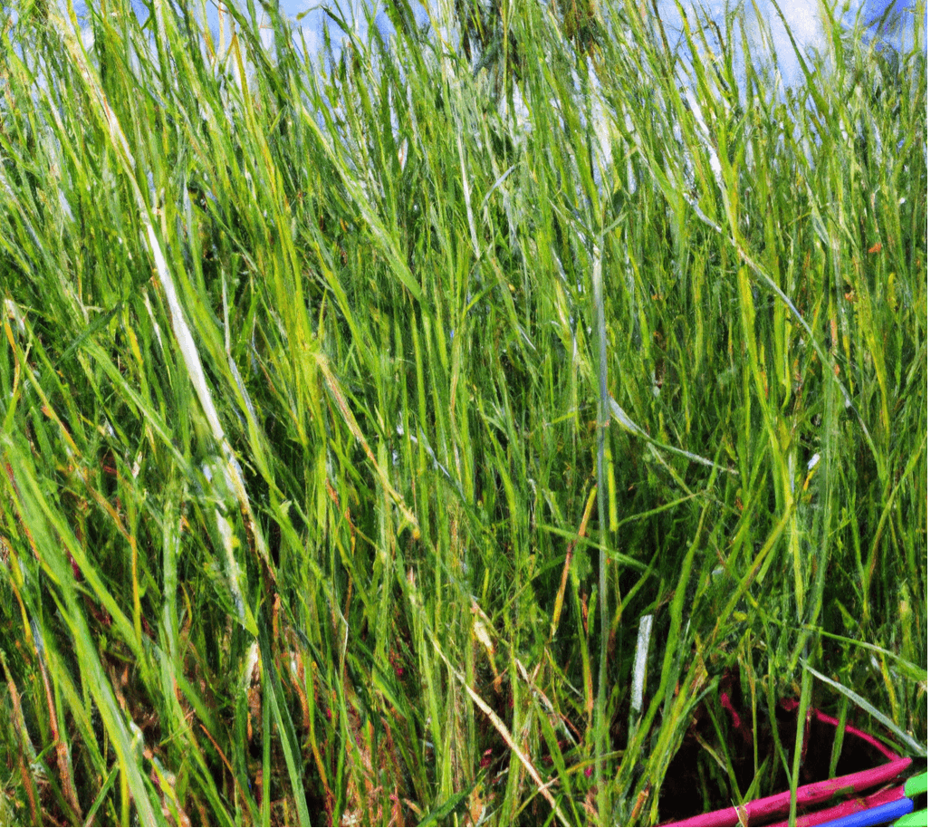 Tall pasture grass in a black nursery pot