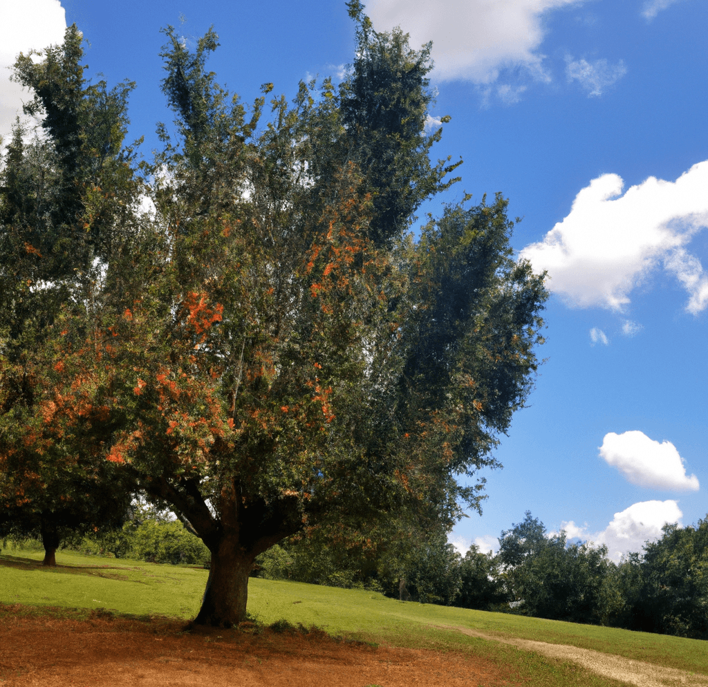 Mature peach tree with orange-red fruit under a blue sky