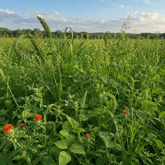 Tall warm-season cover crop with scattered flowers