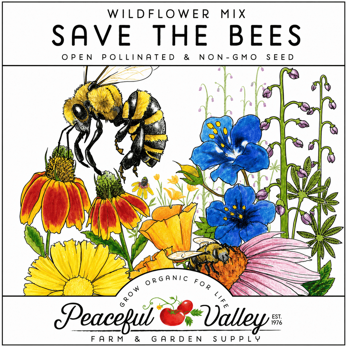 Peaceful Valley California Natives Stickers Save the Bees Grow Organic