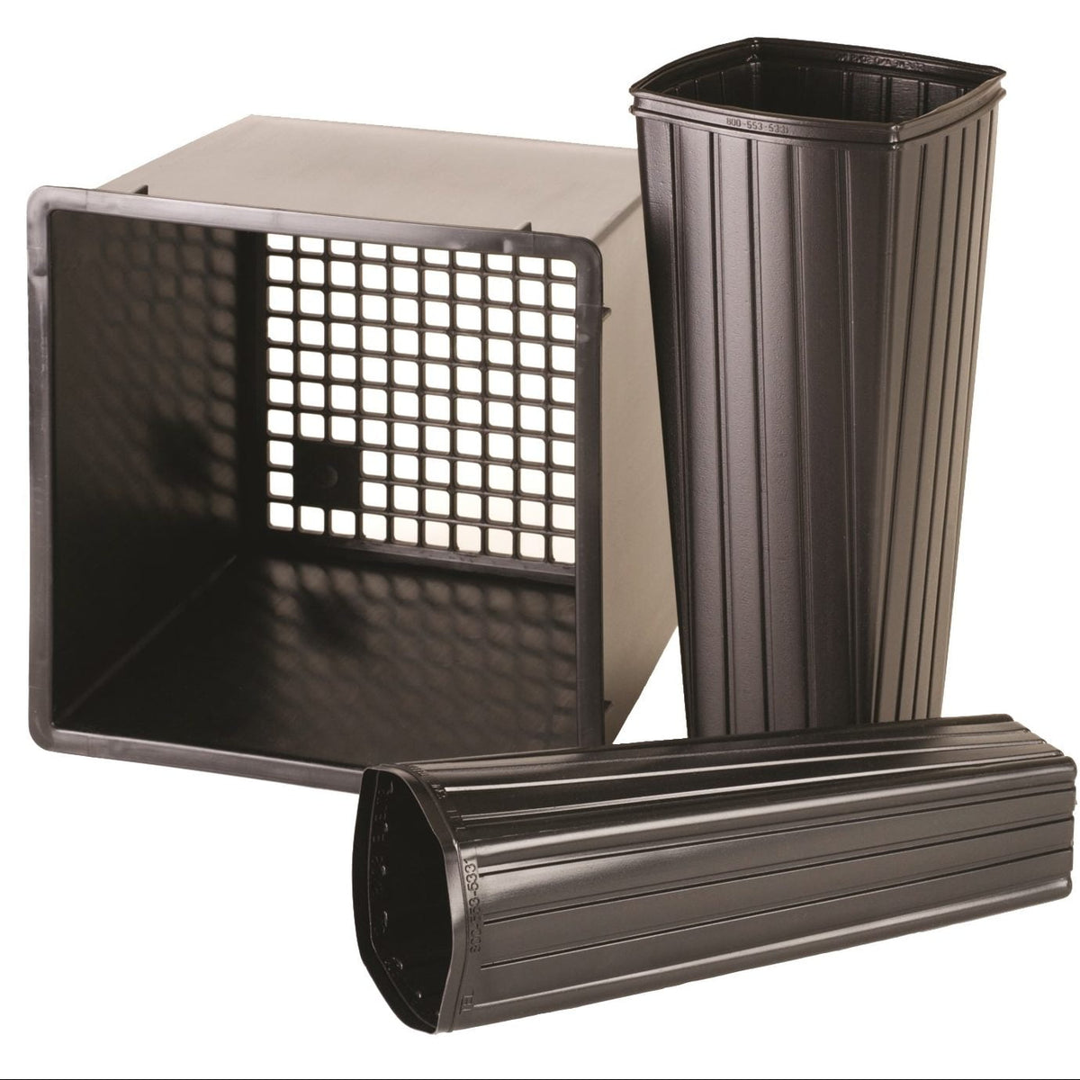 Black plastic tree pot with removable screen and base