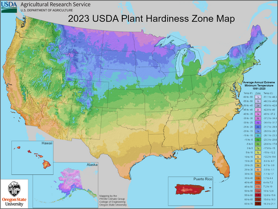 Map of the United States showing USDA Plant Hardiness Zone Map for 2023.