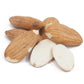 Brown-skinned almonds and blanched almond kernels on white
