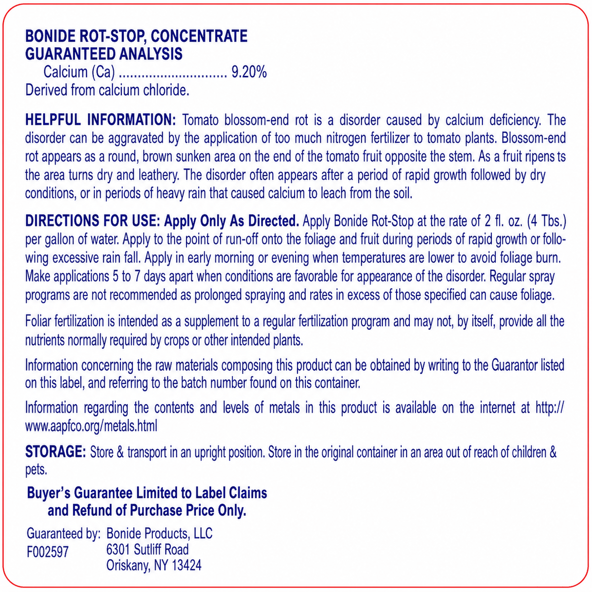 Bonide Rot-Stop Concentrate label with 9.2% calcium and directions