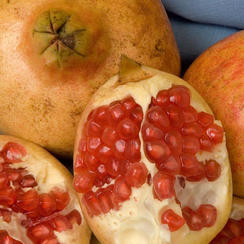 Whole and opened yellow-orange pomegranates with pink-red arils